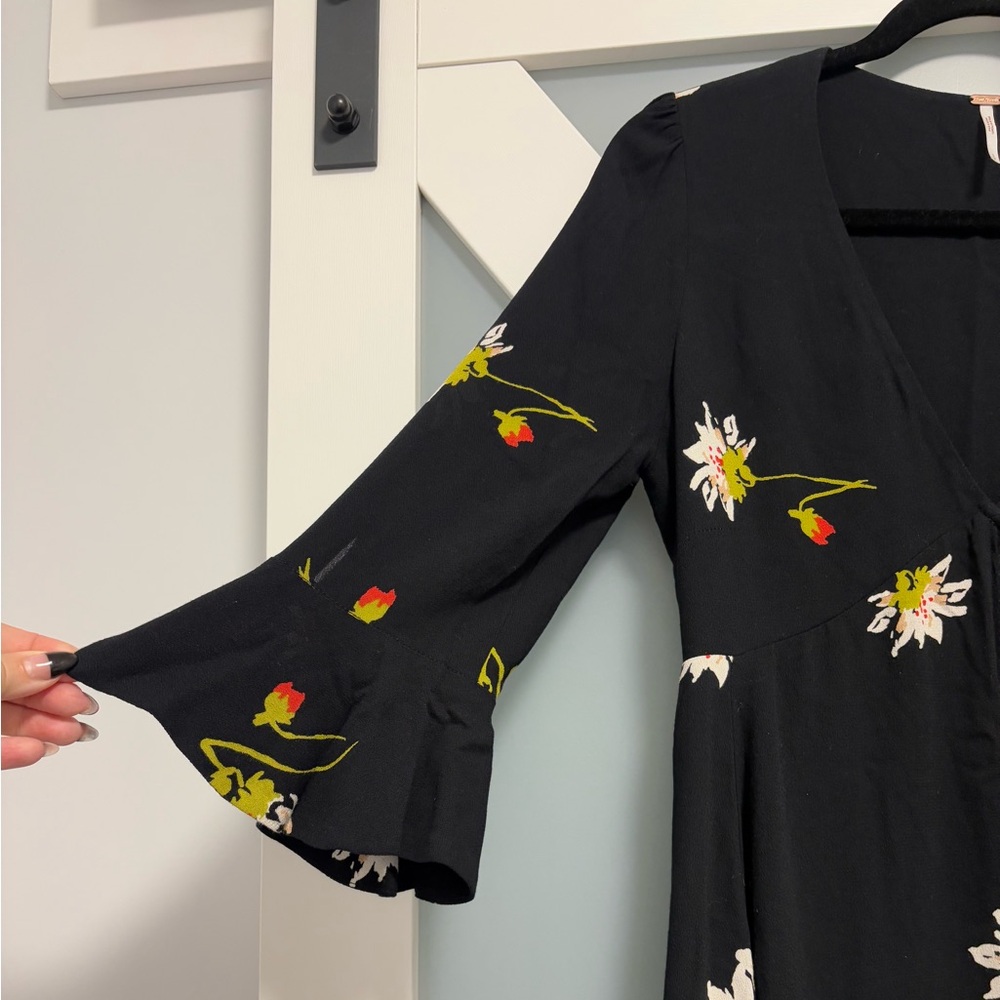 Free People- Time On My Side Black Floral Print Wrap Dress - Picture 8 of 12